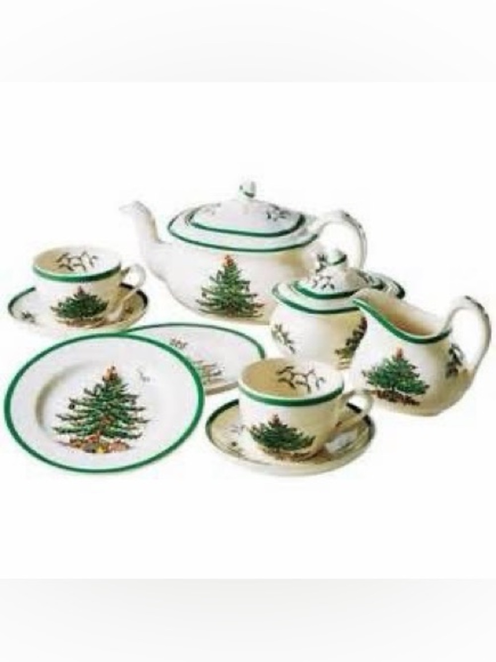 11 Piece Child’s Tea Set Spode "Christmas Tree" Pattern Pristine Doll Play Party